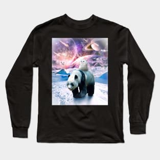 Cute Kitten Cat Riding Panda In Galaxy Space Long Sleeve T-Shirt